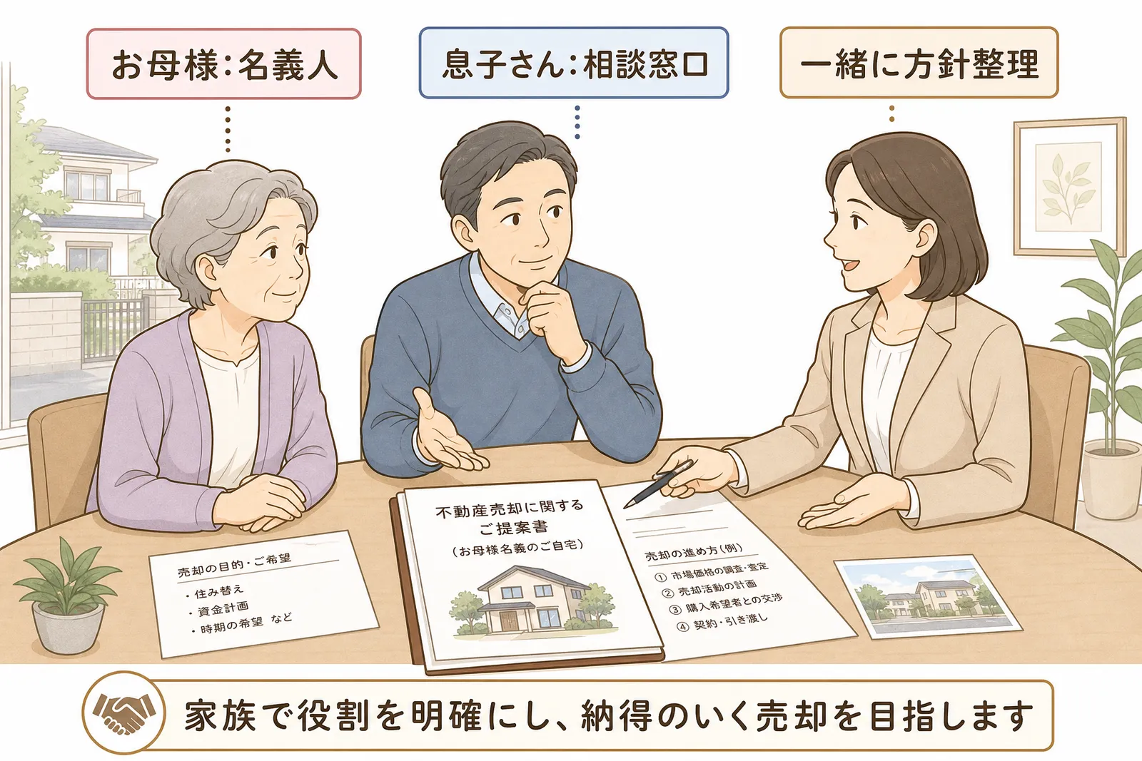 母名義の古家付き土地について親子で役割を整理するイメージ