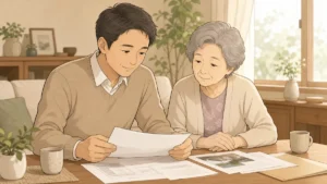 親の家の売却について息子と母親が書類を一緒に確認している温かいリビングの場面