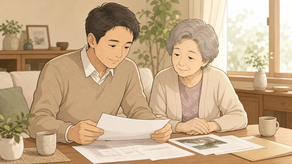 親の家の売却について息子と母親が書類を一緒に確認している温かいリビングの場面