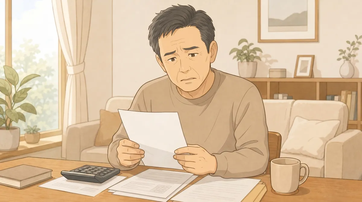 男性が電卓と書類を前に親の家売却の税金を計算しようとしている場面