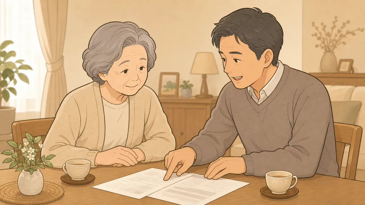 母と息子が3000万円特別控除について書類を見ながら話し合う場面