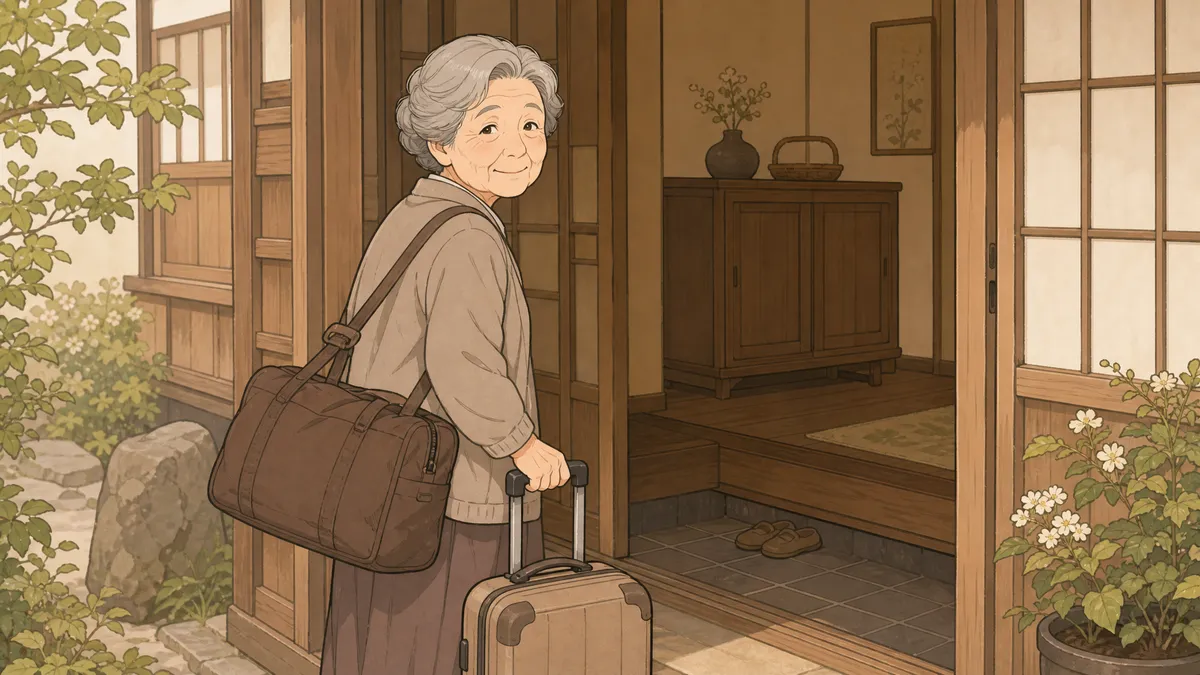 母親が住み慣れた実家を出て息子家族のもとへ向かう引っ越しの場面