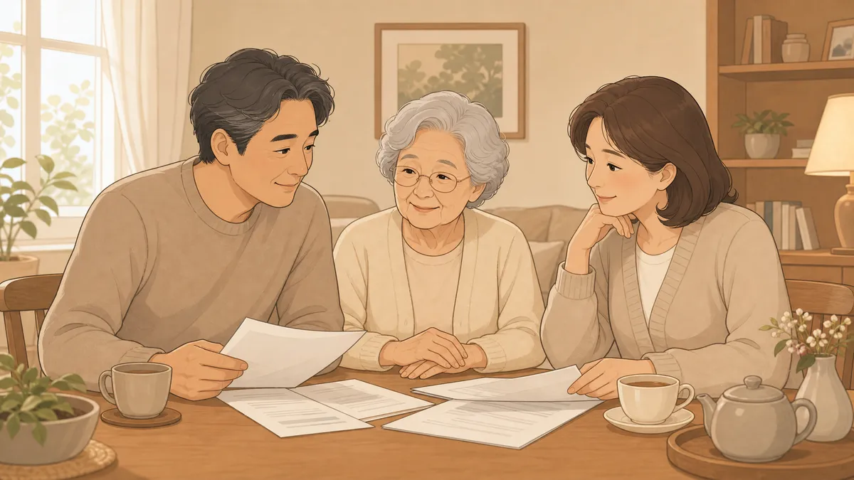 家族3人で親の家の売却について話し合うリビングの場面