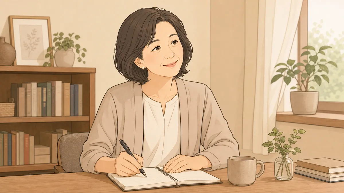 女性がよくある質問の回答をメモして納得している場面