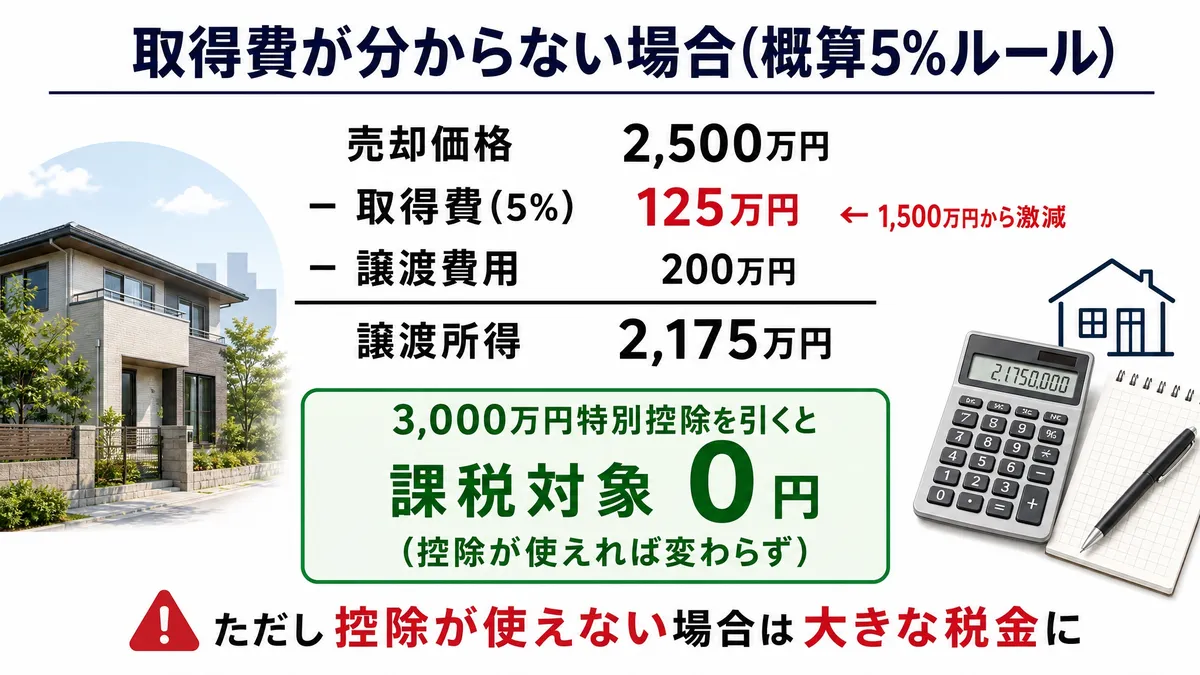 親の家売却で取得費不明の場合に概算取得費5％を使った計算例を示した図解