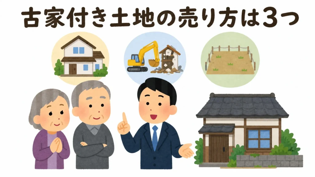 古家付き土地の売り方（そのまま売る・更地渡し・更地売却）を稲沢あんしん不動産の担当者が親子に解説するイメージ