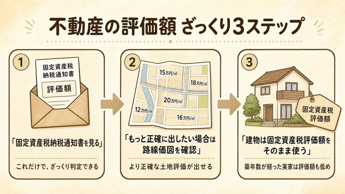 不動産の評価額をざっくり出す3ステップ（固定資産税通知書→路線価→建物評価額）のフロー図
