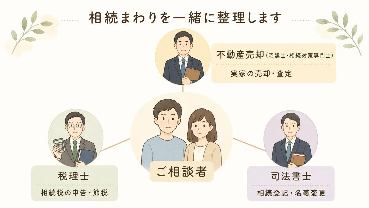 宅建士・相続対策専門士と税理士・司法書士の連携体制図