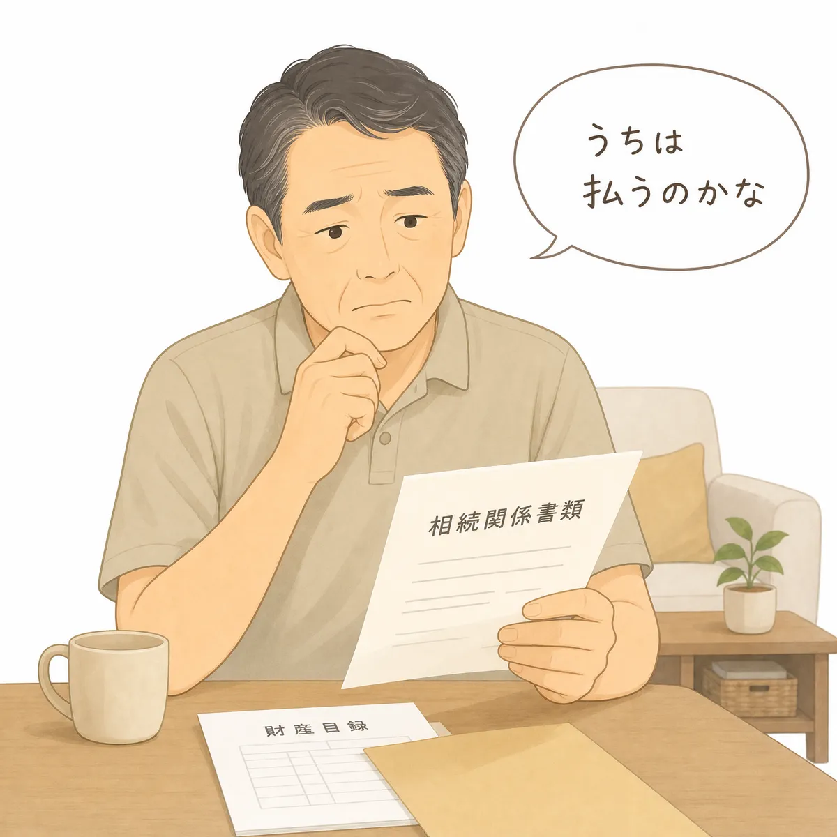 男性が「うちは相続税を払うのかな」と不安そうに考え込む挿絵
