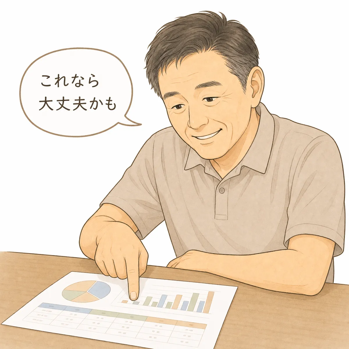 男性が基礎控除の早見表を見て「これなら大丈夫かも」と少しほっとする挿絵