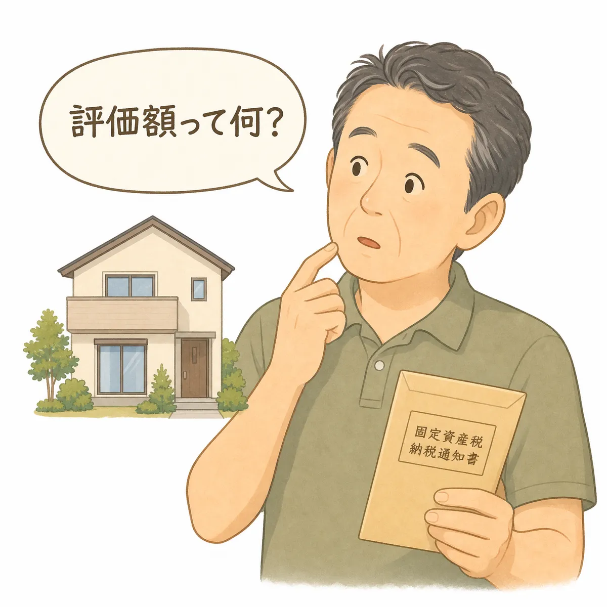 男性が「実家の評価額ってどう調べるの？」と戸惑う挿絵