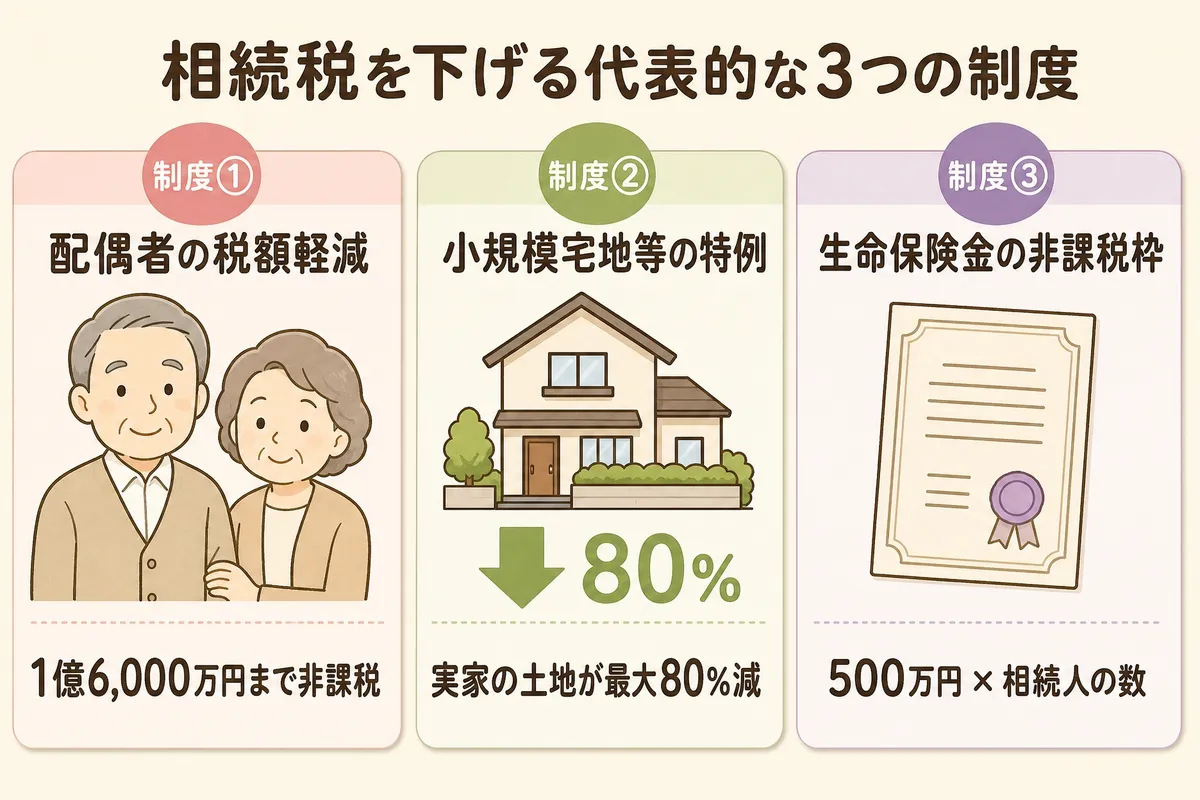 相続税を下げる3つの制度のサマリー（配偶者軽減・小規模宅地・生命保険）