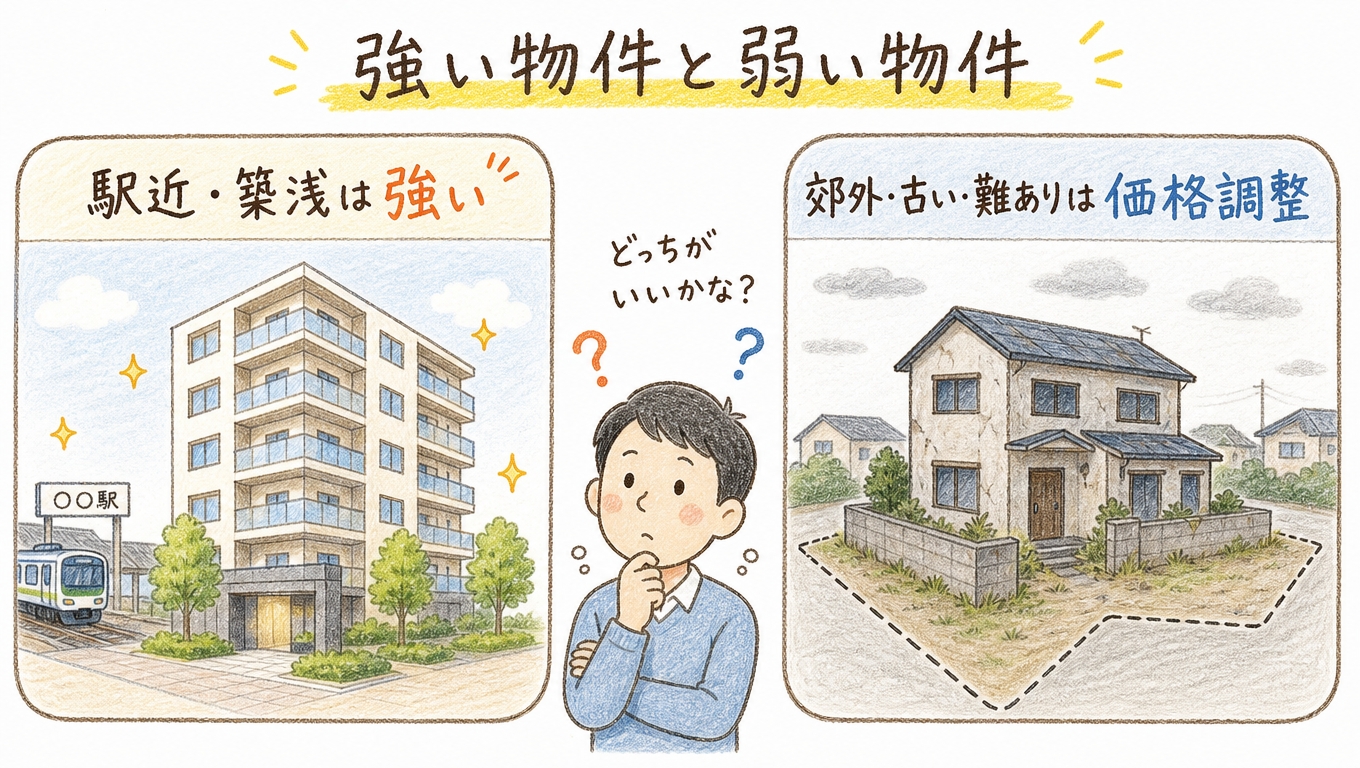 駅近築浅マンションと郊外の古い戸建・土地で二極化するイメージ