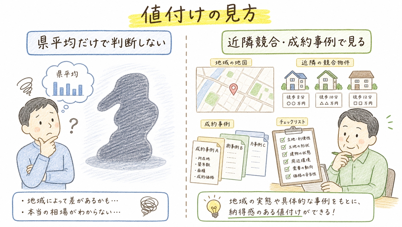 県平均ではなく近隣競合と成約事例で価格を見る図解