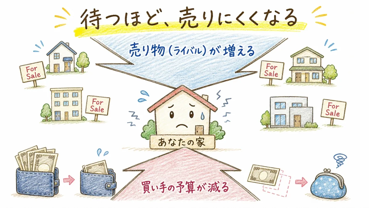 待つほど売りにくくなる｜売り物が増え買い手の予算が減って家が上下から挟まれる図