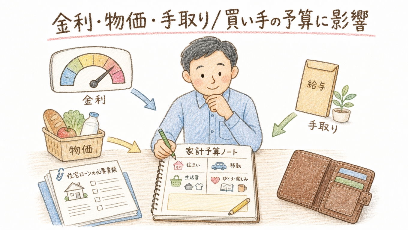 金利と物価と手取りが買い手の予算に影響するイメージ