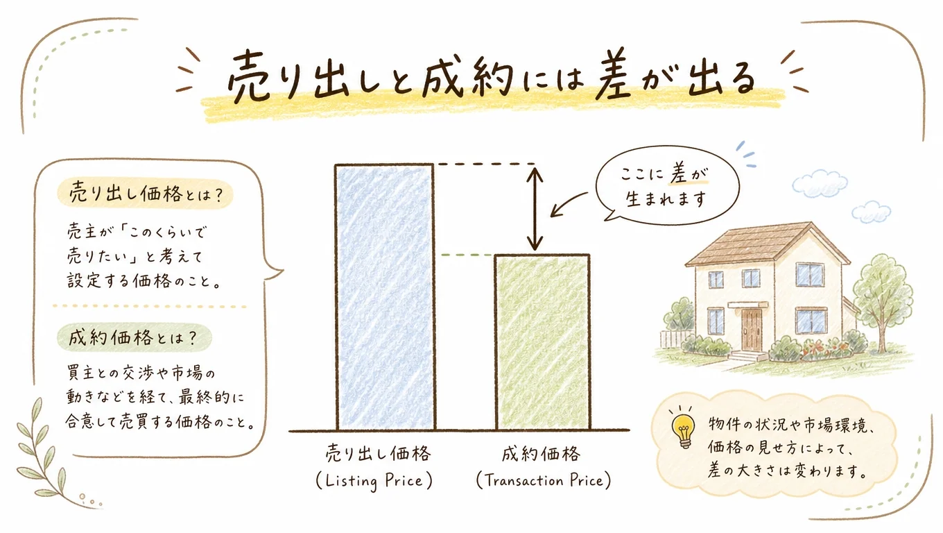 中古戸建ての売り出し価格と成約価格の差を示す図解