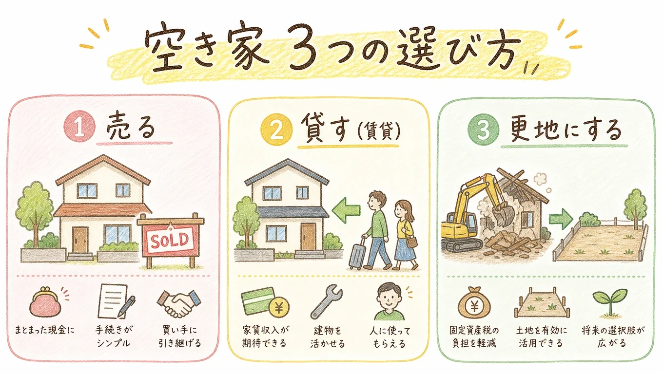 空き家の売る・貸す・更地の3つの選び方を示す図解