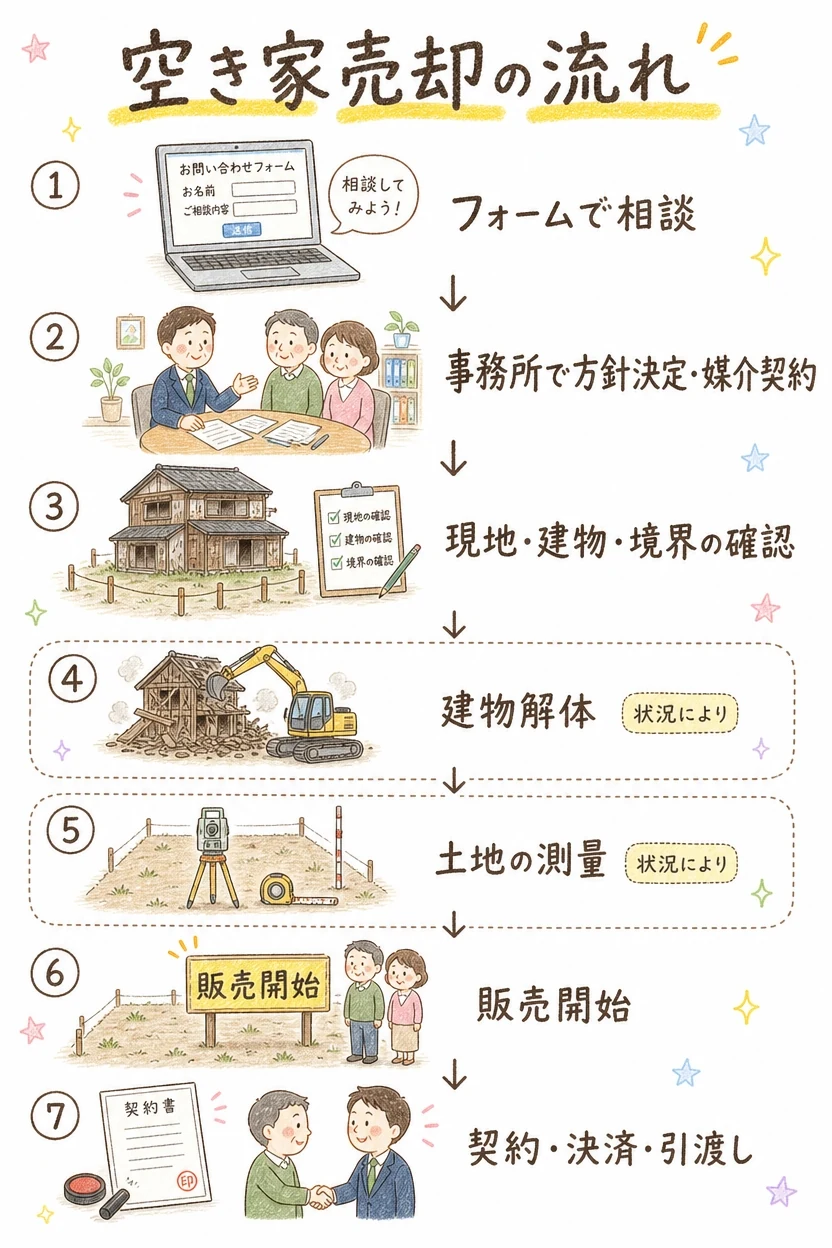 空き家売却の流れ｜フォームで相談→事務所で方針決定・媒介契約→現地・建物・境界の確認→建物解体（状況により）→土地の測量（状況により）→販売開始→契約・決済・引渡し