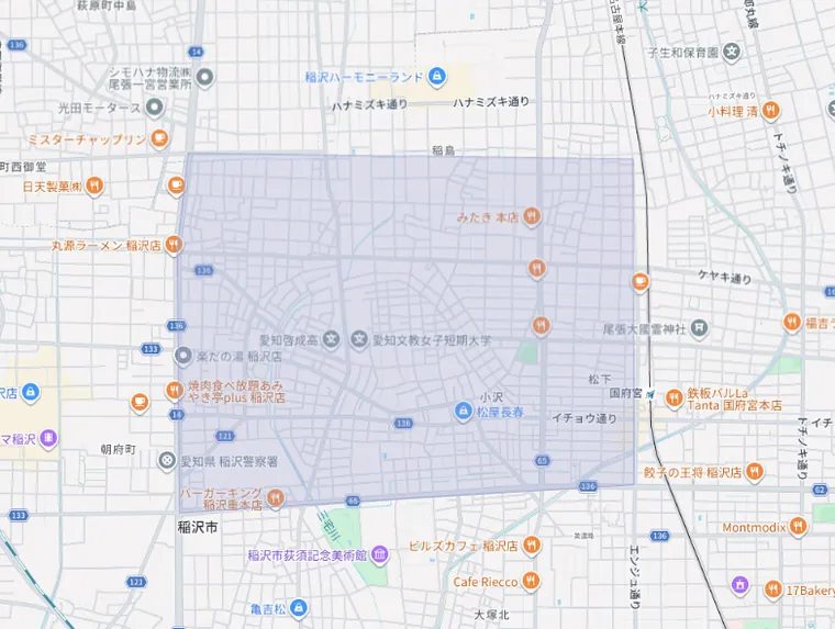 国府宮西エリアの対象範囲を示す地図