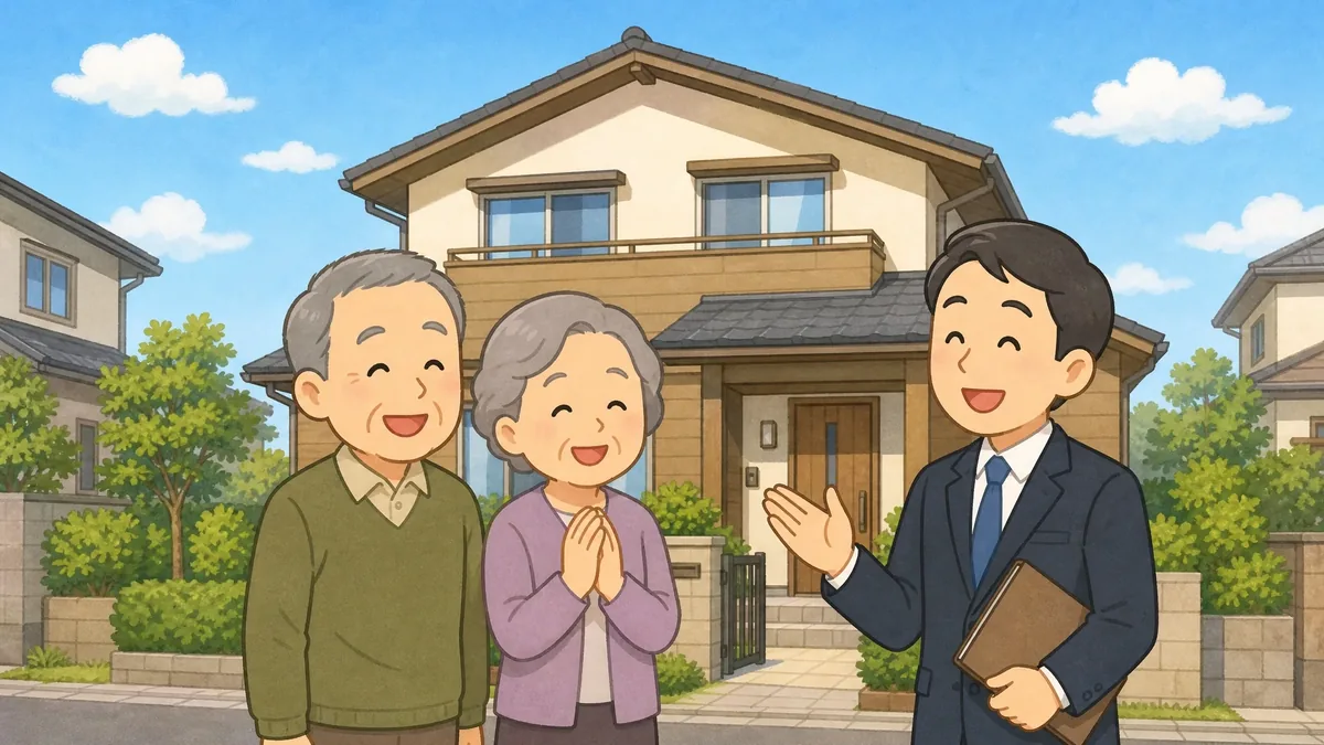 売れた家の前で笑顔の60代ご夫婦と不動産会社スタッフのイラスト