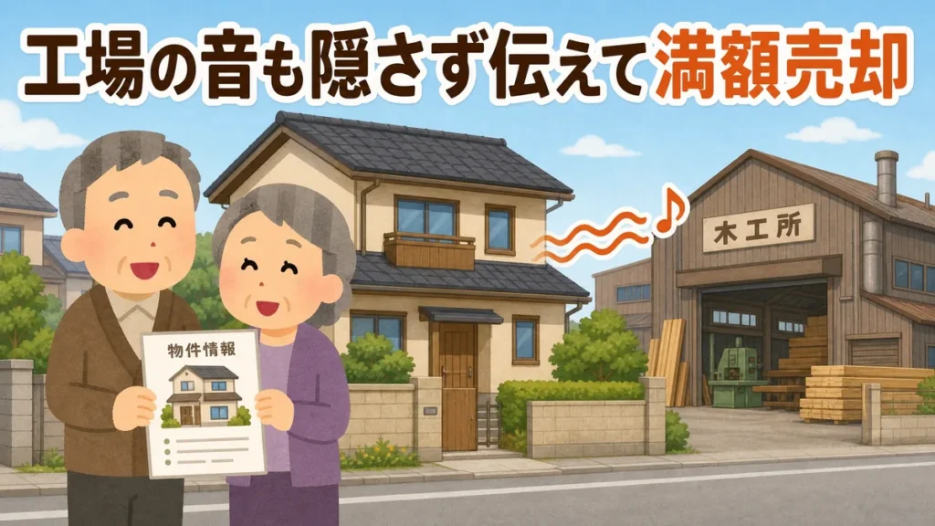 工場の音も隠さず伝えて満額で売却した中古戸建てと、物件情報を持つ笑顔の60代夫婦のイラスト