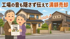 工場の音も隠さず伝えて満額で売却した中古戸建てと、物件情報を持つ笑顔の60代夫婦のイラスト