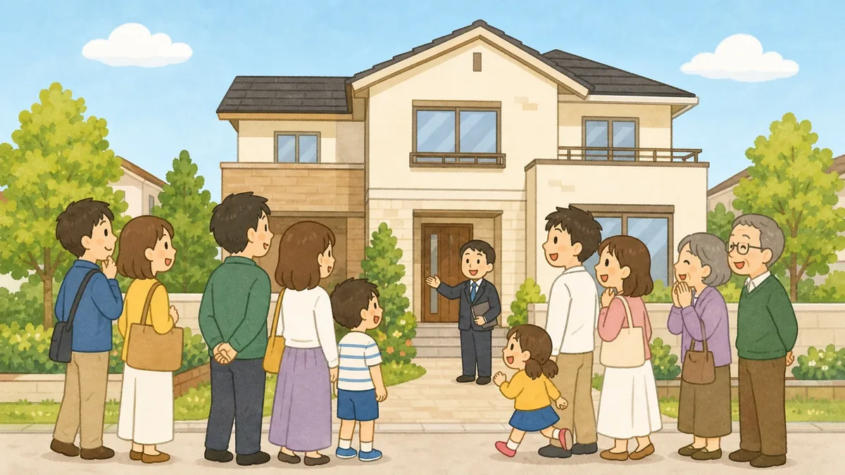 売り出した家に多くの検討者が集まり内見に訪れるイラスト