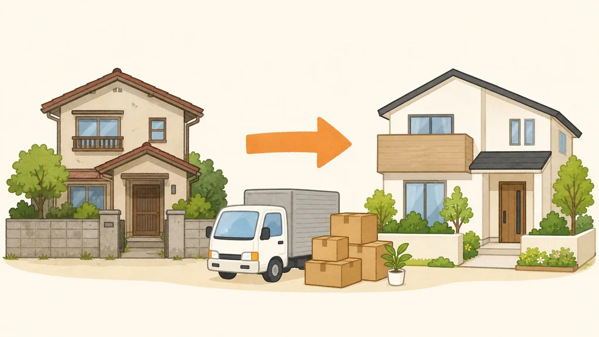 古い家を売って新しい家へ住み替える買い替えのイラスト
