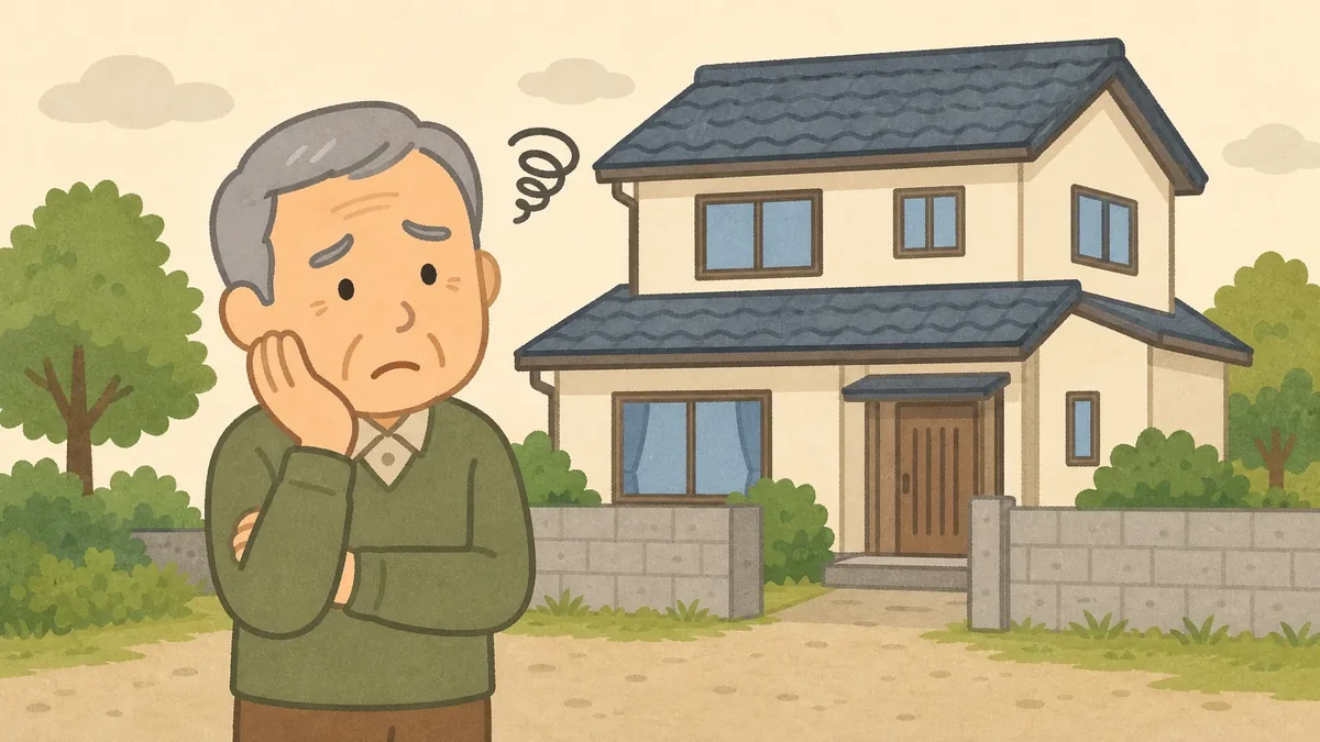 8年前、なかなか売れない自宅の前で困る年配男性のイラスト
