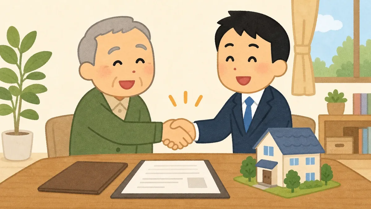 売主と不動産スタッフが満額成約で握手するイラスト