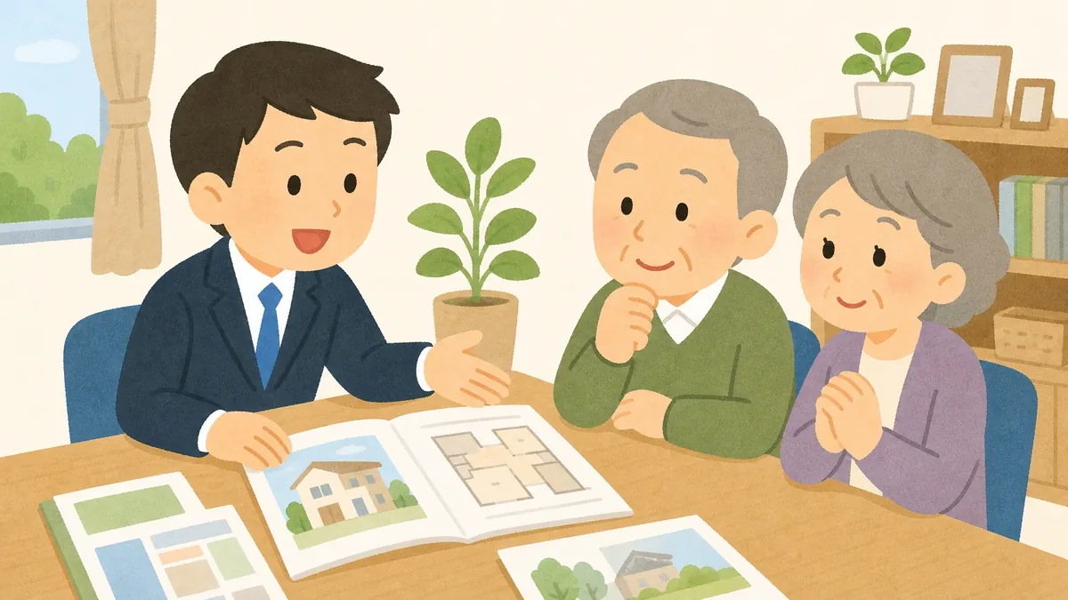 不動産スタッフが年配のご夫婦の相談に親身に乗るイラスト