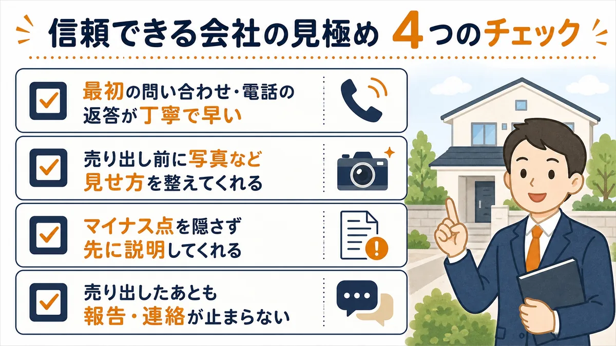 信頼できる不動産会社を見極める4つのチェックを整理した図解。返答の早さ・見せ方を整える・マイナスを先に説明・売り出し後も報告が続く