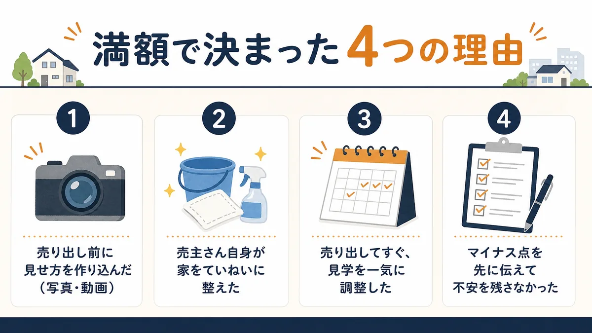 満額で決まった4つの理由を整理した図解。見せ方の作り込み・売主が家を整えた・初速で見学調整・マイナスを先に開示