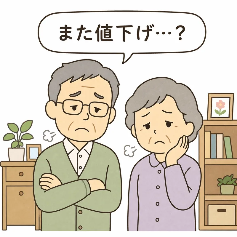 8年前、不動産会社から値下げばかり言われて疲れた表情の60代ご夫婦のイラスト