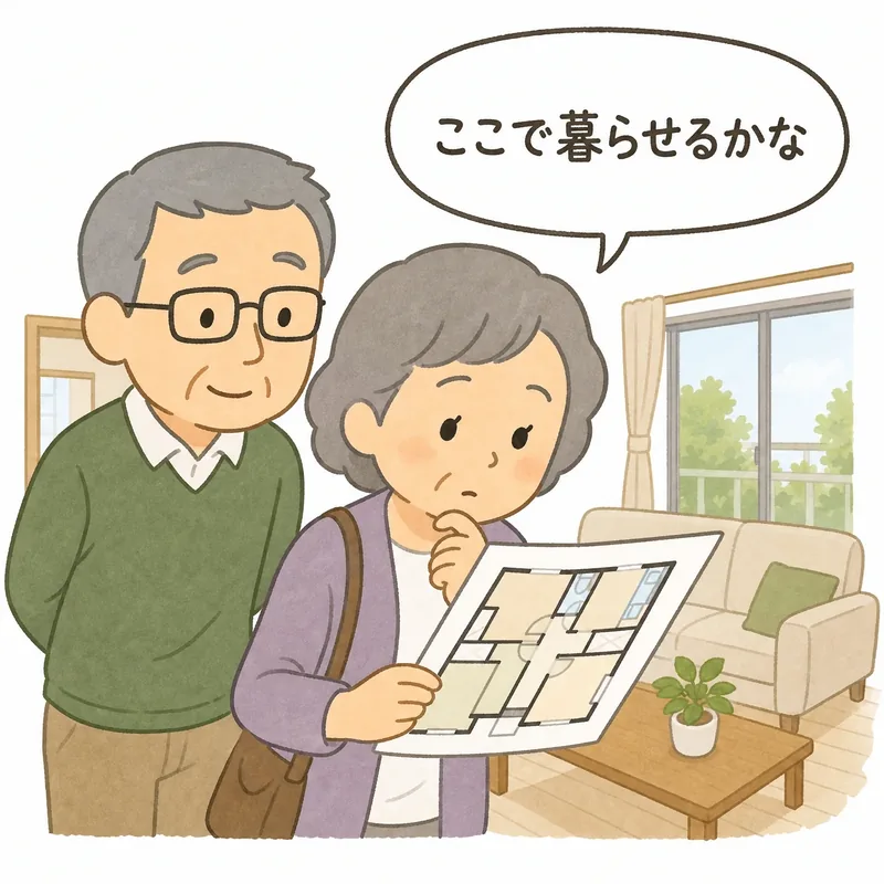 中古住宅の室内をご夫婦がじっくり見学するイラスト