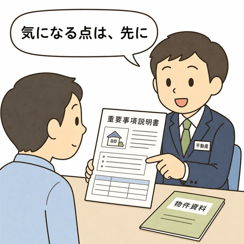 物件の気になる点を資料を見せて先に正直に説明する不動産会社スタッフのイラスト