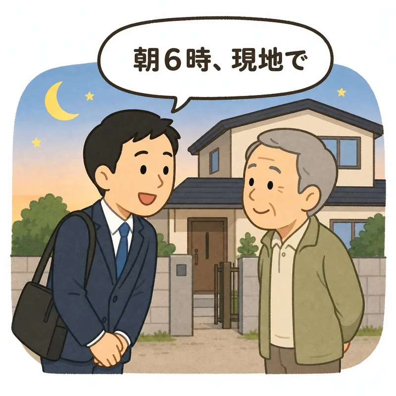 早朝、家の前で売主と不動産スタッフが待ち合わせるイラスト