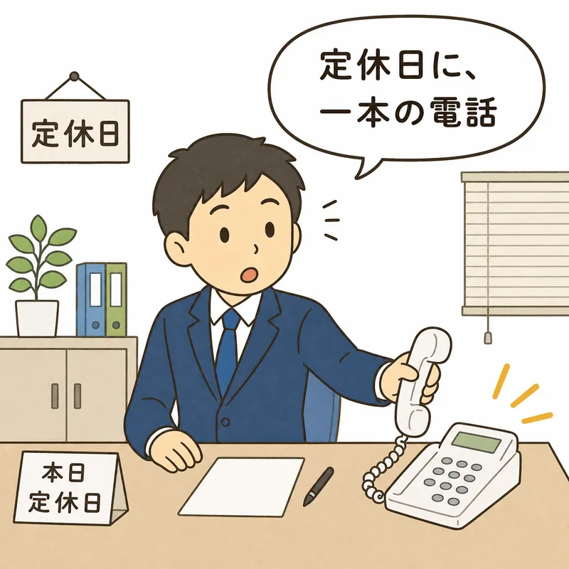 定休日の事務所で鳴った一本の電話を取る不動産会社スタッフのイラスト