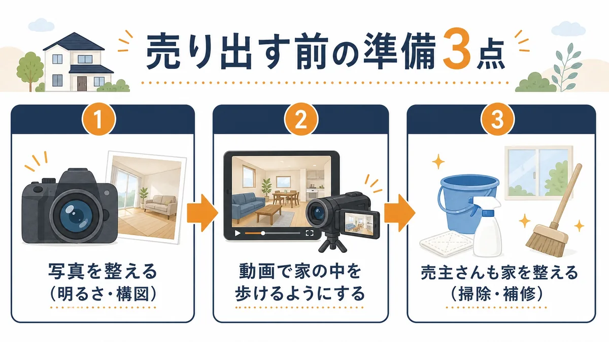売り出す前の準備3点(写真を整える・動画で家の中を歩ける・売主も家を整える)の図解