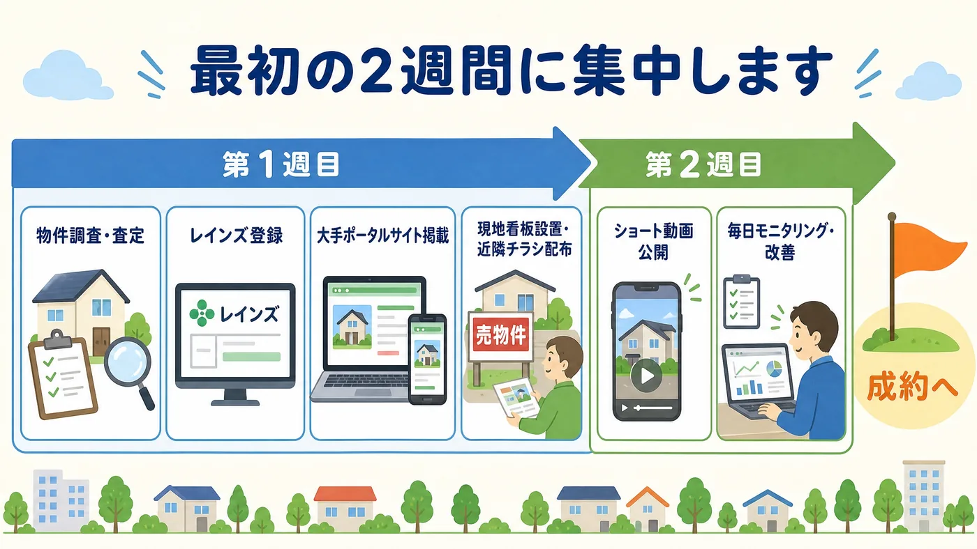 不動産売却の最初の2週間に集中する流れ｜査定・レインズ登録・ポータル掲載・動画公開・毎日改善から成約へ｜稲沢あんしん不動産