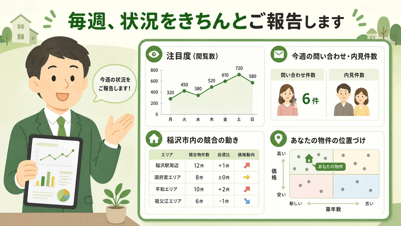 毎週お届けする販売レポートの見本｜注目度・問い合わせ件数・稲沢市内の競合の動き・物件の位置づけ｜稲沢あんしん不動産