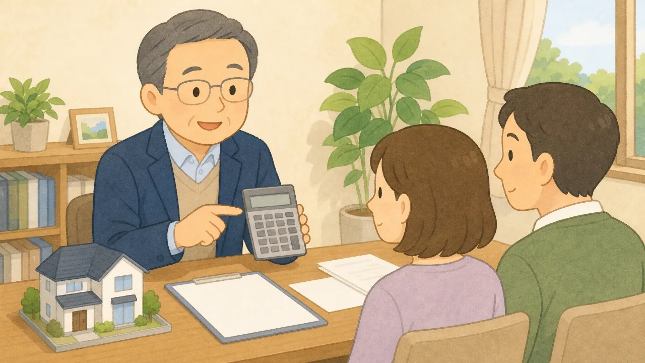 事務所で土地の測量や解体にかかる費用を説明する不動産会社の担当者