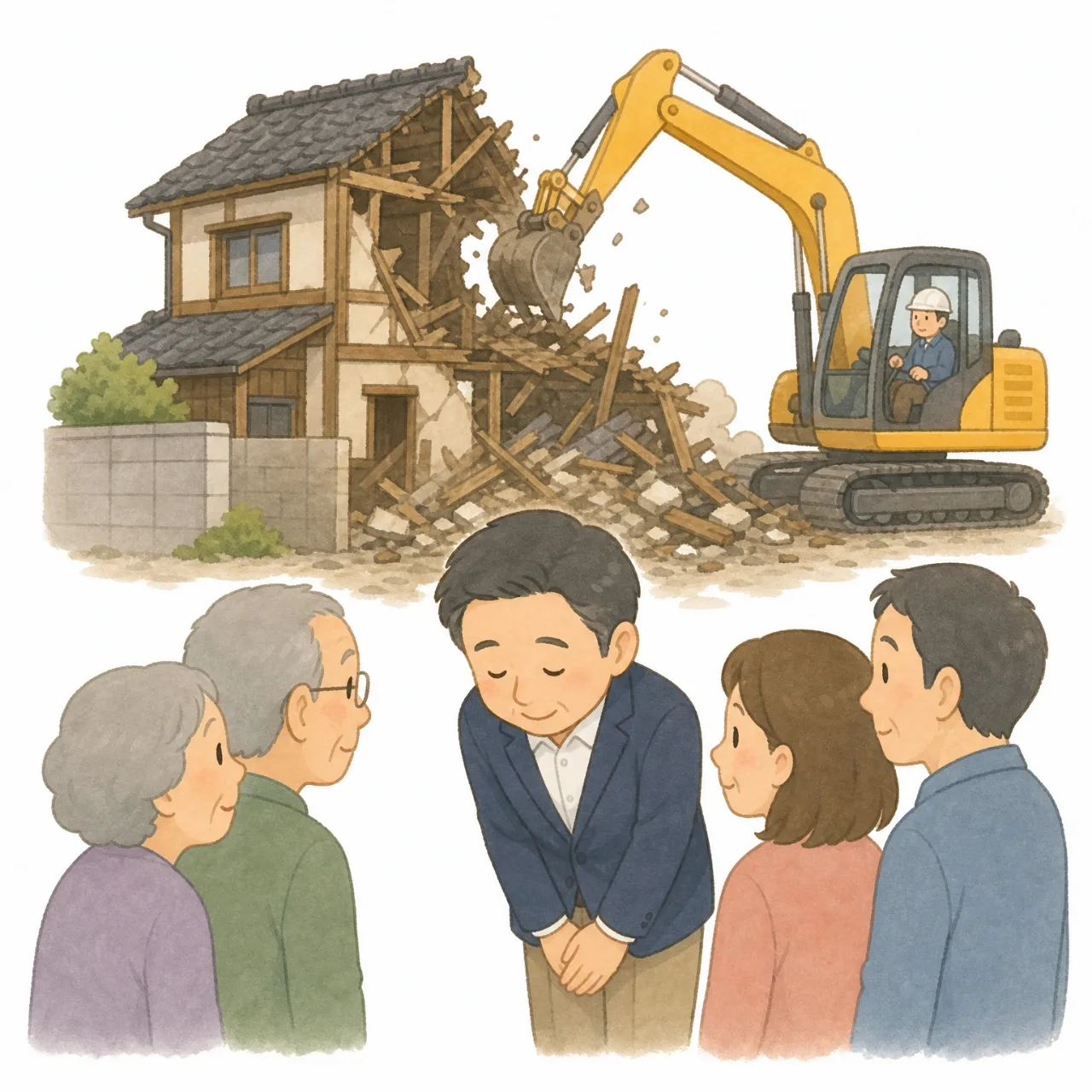古家の解体工事と近隣へのあいさつをする場面