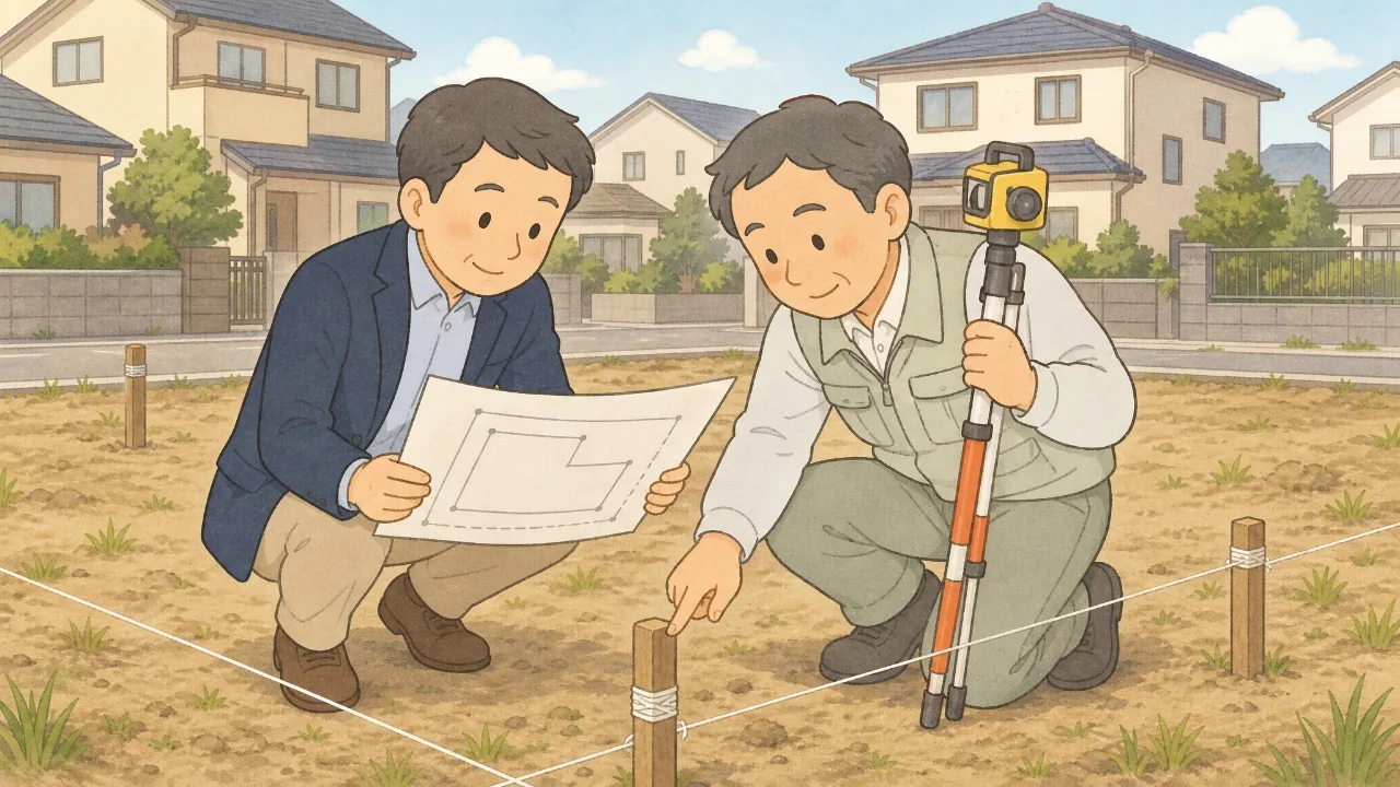 担当者と土地家屋調査士が現地で土地の境界を確認する様子