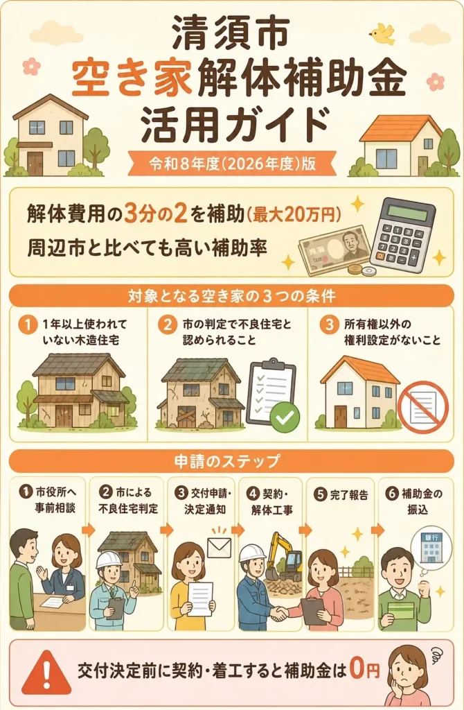 清須市空き家解体補助金活用ガイド令和8年度(2026年度)版の縦長図解。解体費用の3分の2(最大20万円)を補助し、周辺市と比べても高い補助率。対象となる空き家の3つの条件は、1年以上使われていない木造住宅、市の判定で不良住宅と認められること、所有権以外の権利設定がないこと。申請のステップは市役所へ事前相談、市による不良住宅判定、交付申請・決定通知、契約・解体工事、完了報告、補助金の振込の順。交付決定前に契約・着工すると補助金は0円になる注意書き付き。