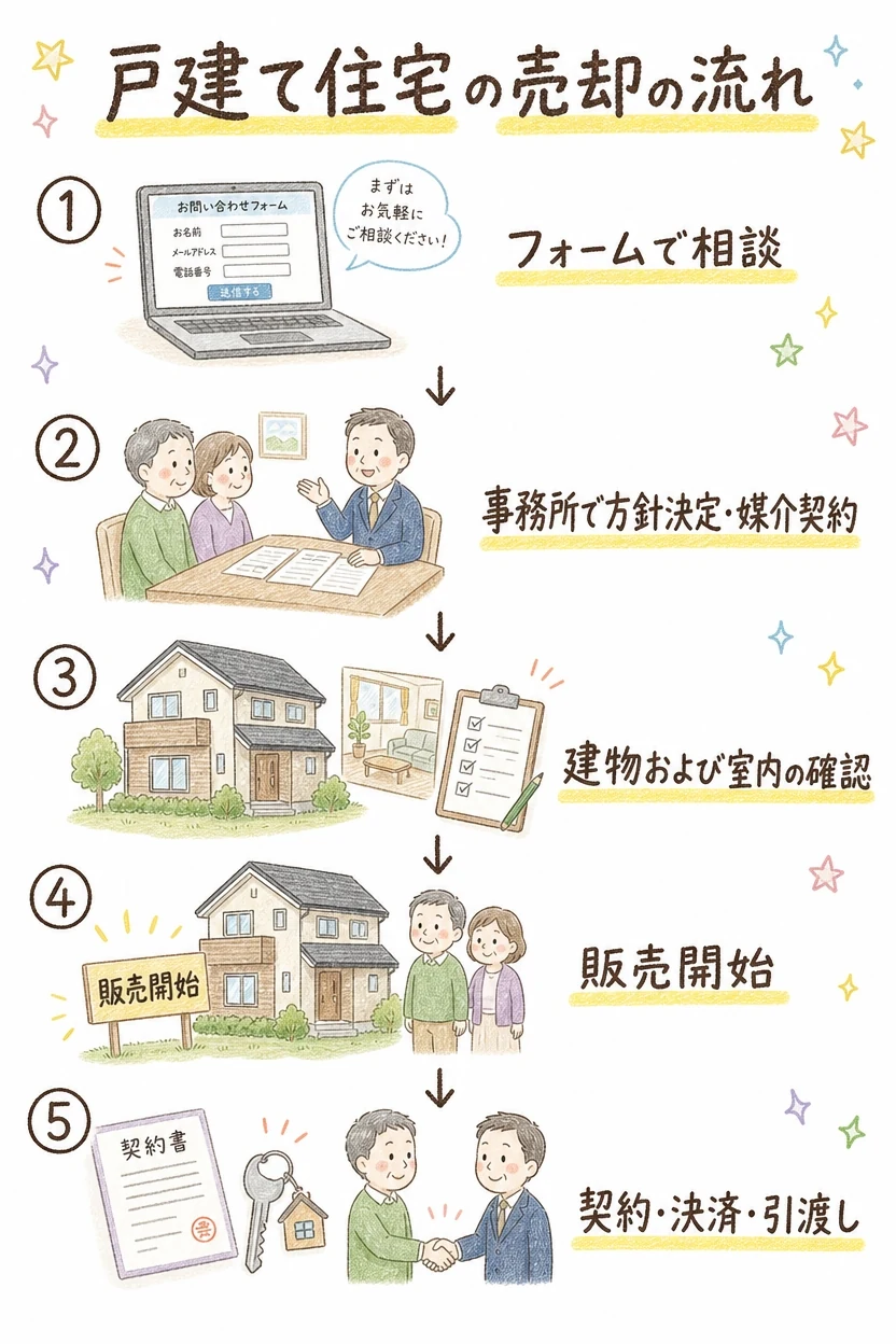 戸建て住宅の売却の流れ｜フォームで相談→事務所で方針決定・媒介契約→建物および室内の確認→販売開始→契約・決済・引渡し