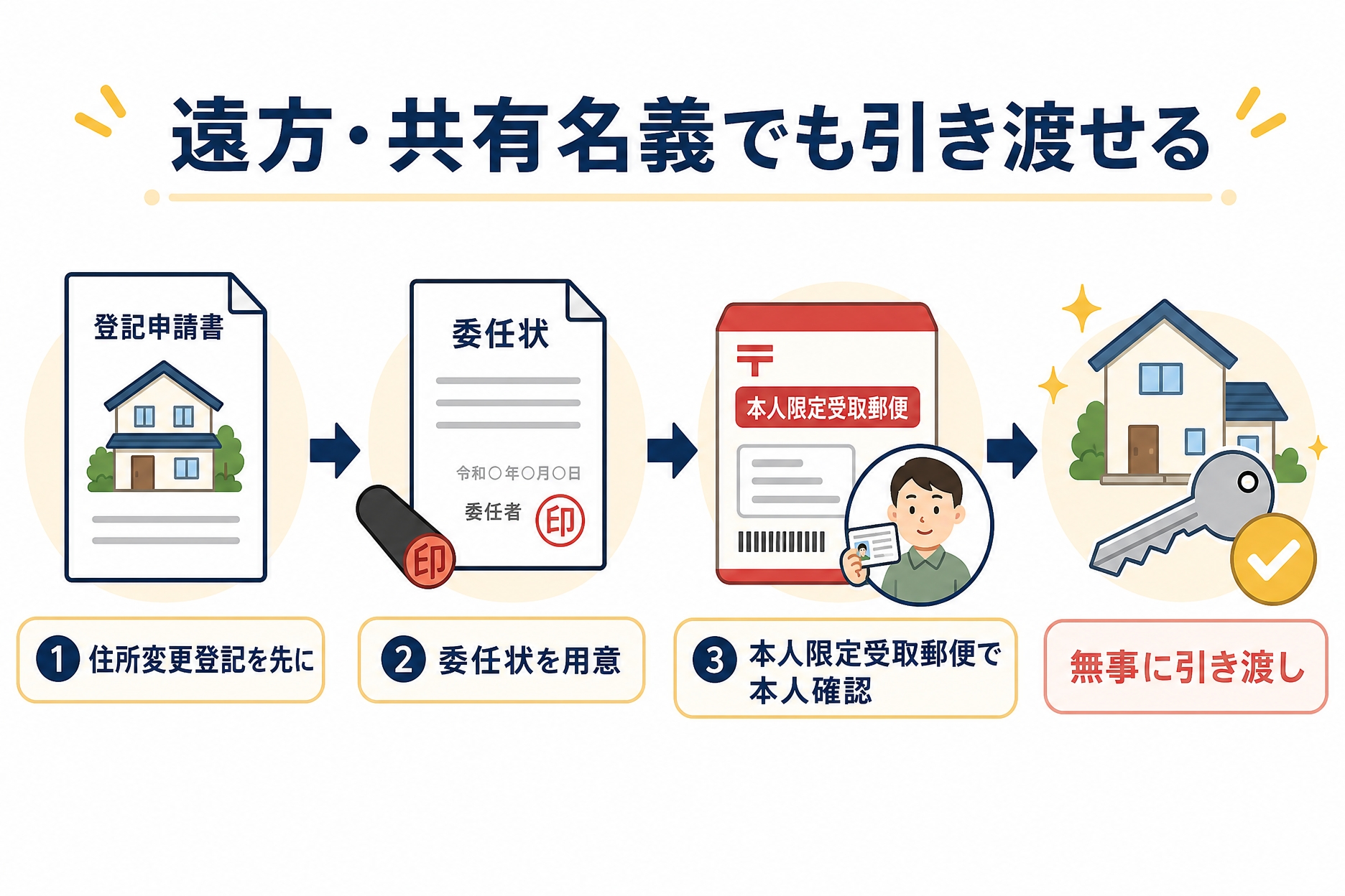 遠方・共有名義でも引き渡せる：住所変更登記・委任状・本人限定受取郵便の3つの備え