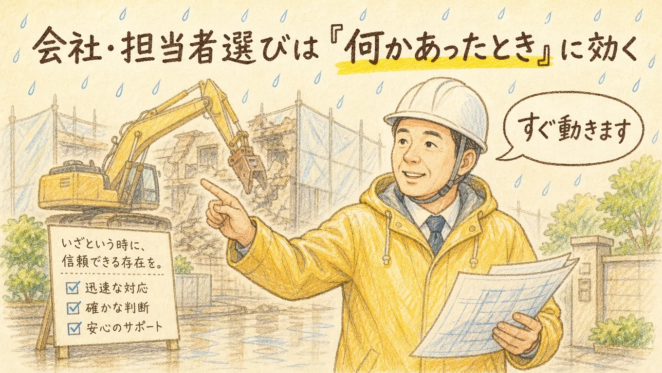 稲沢市で実家解体業者の会社・担当者選びについて解説するブログ見出し画像
