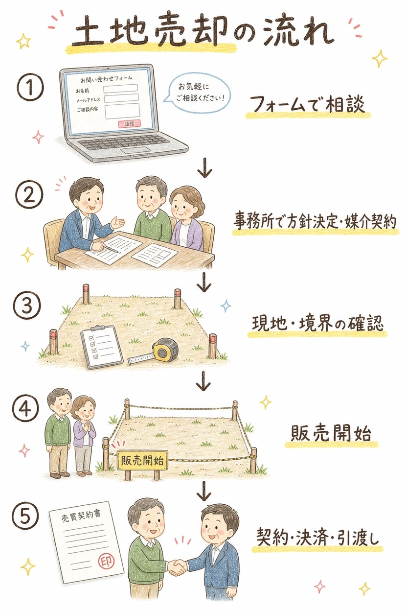 土地売却の流れ｜フォームで相談→事務所で方針決定・媒介契約→現地・境界の確認→販売開始→契約・決済・引渡し